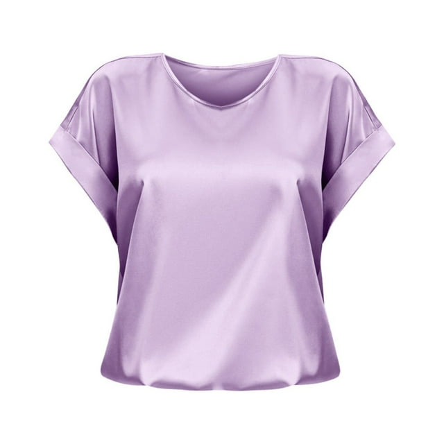 T Shirts for Women Summer Short Sleeve Round Neck Satin Solid Color Relaxed Fit Ladies Tees