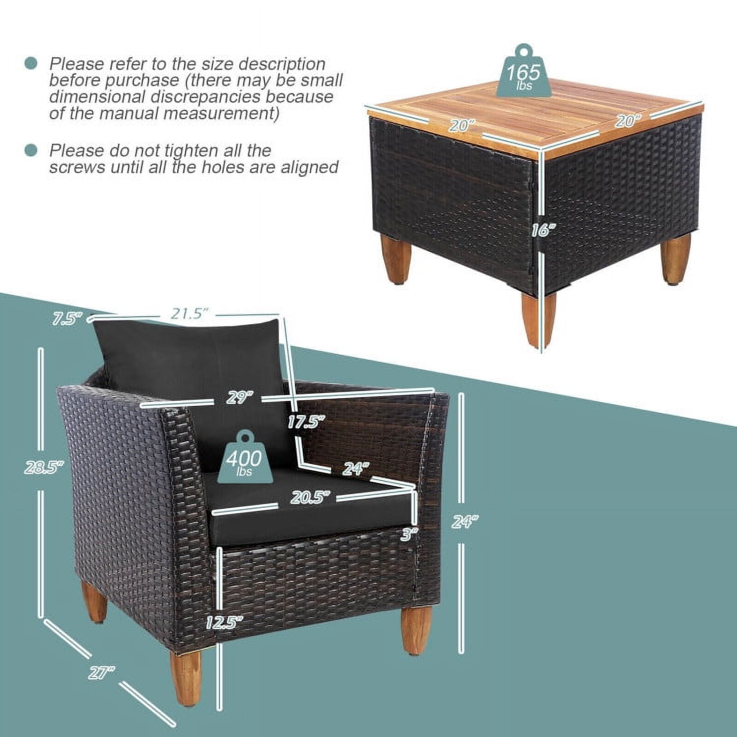 Aimee Lii 3 Pieces Patio Rattan Bistro Furniture Set with Wooden Table Top, Outdoor Patio Furniture, Black