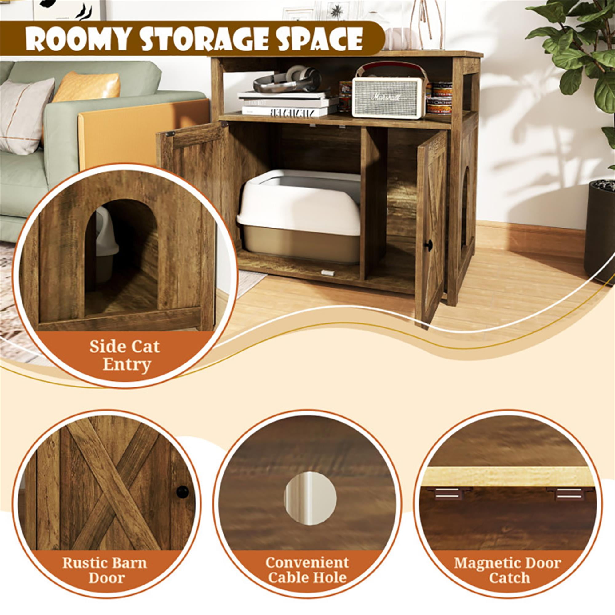 Kadyn 31.5" Cat Litter Box Enclosure, Hidden Cat Litter Box Furniture with Double Barn Doors Divider, Hidden Cat House Washroom with Storage Shelf, Brown