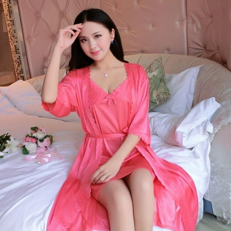 

2Pcs Women Satin Nightgowns And Robe Set Silk Slip Dress Chemise Nightdress