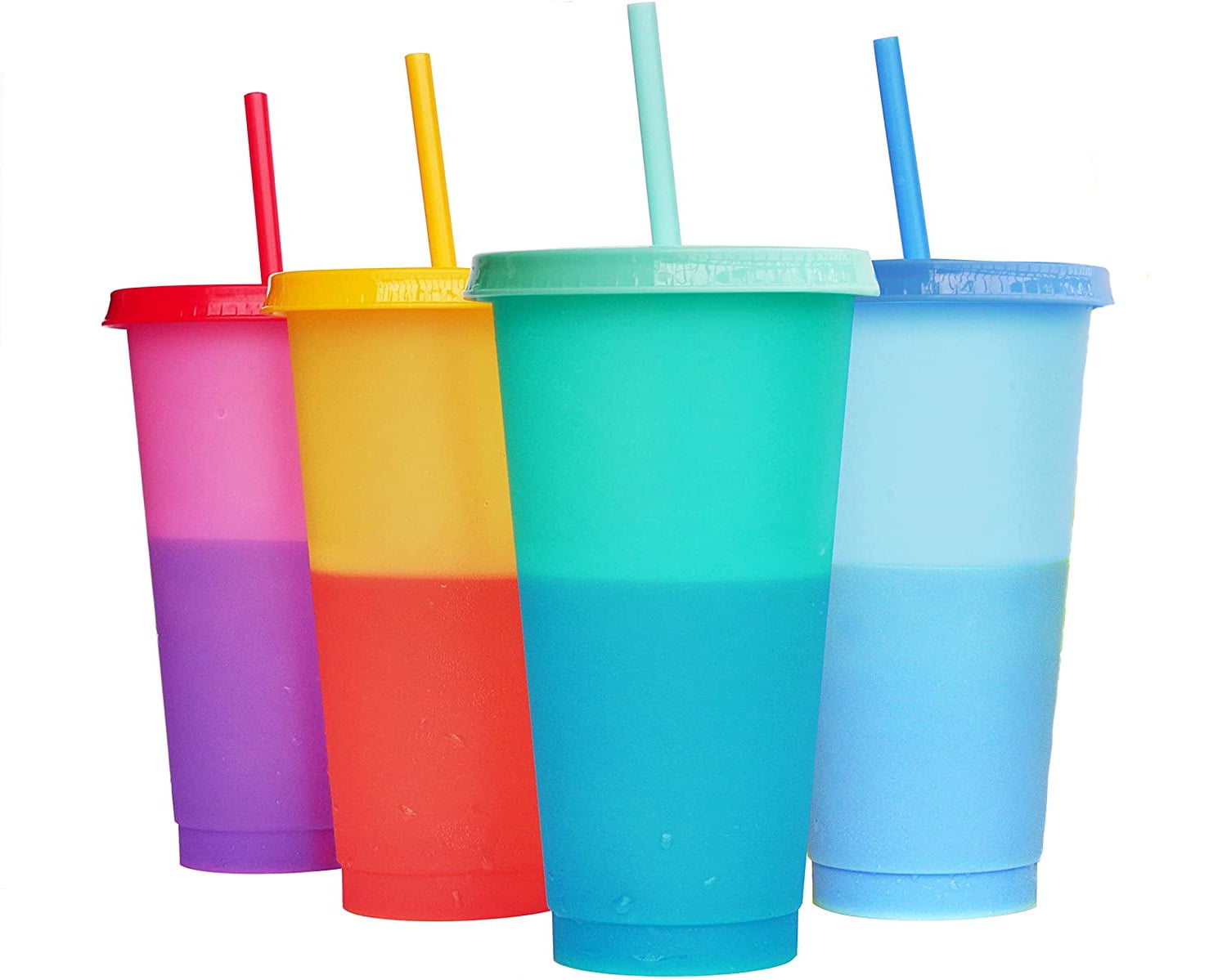 Color Changing Cups 4 Pack - 24 oz Reusable Cups, Lids and Straws BPA Free, Color changing stadium cup - Adult Kids Coffee Cup Party Cup