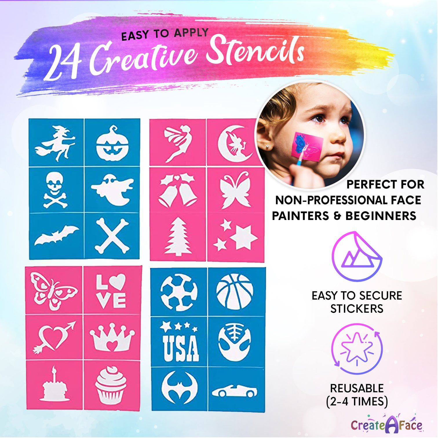 Face Painting beginner kit with Stencils, Brushes and Fine