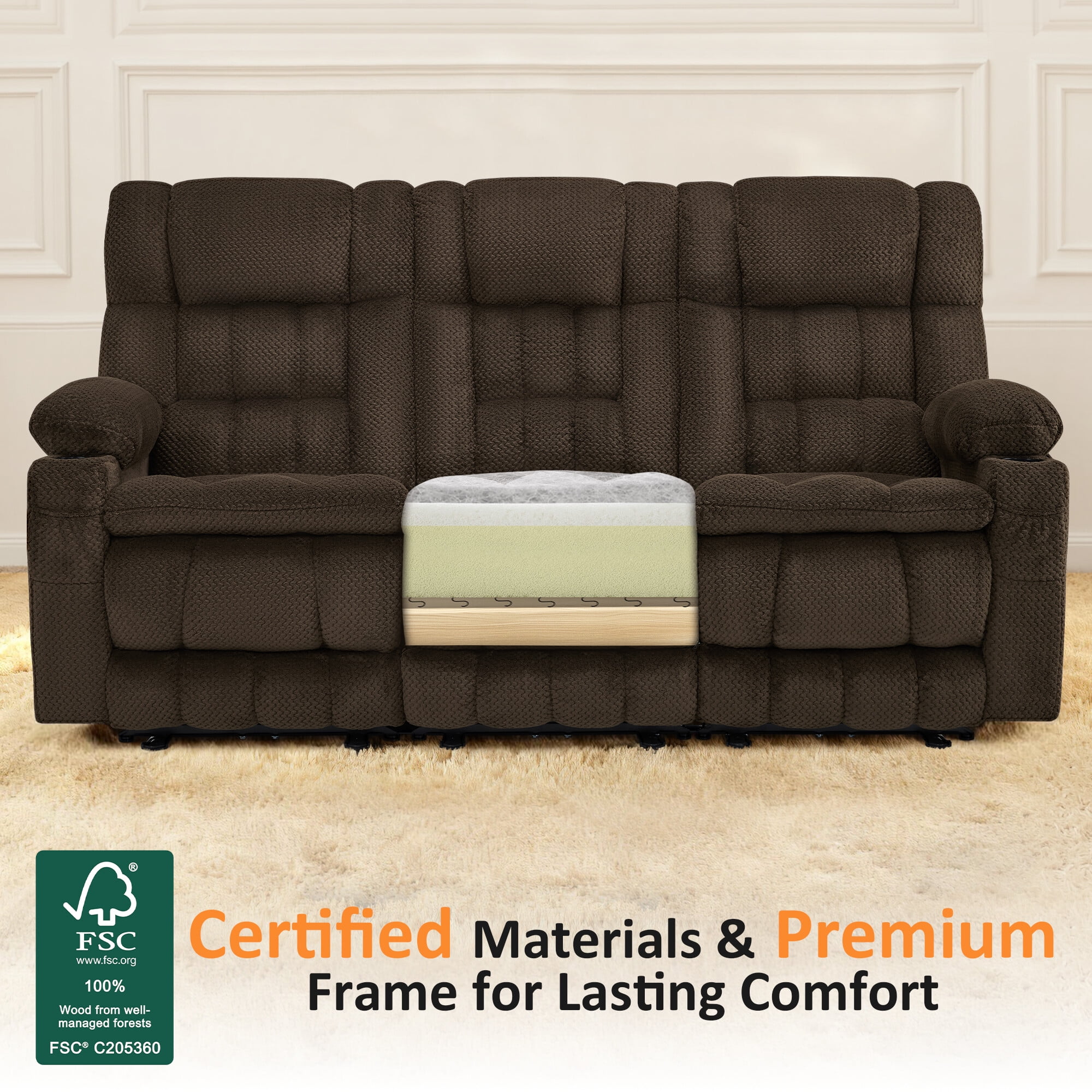 MCombo 80.7" 3 Seater Power Reclining Sofa Couch with Heat Vibration Massage for Living Room, Fabric, Brown