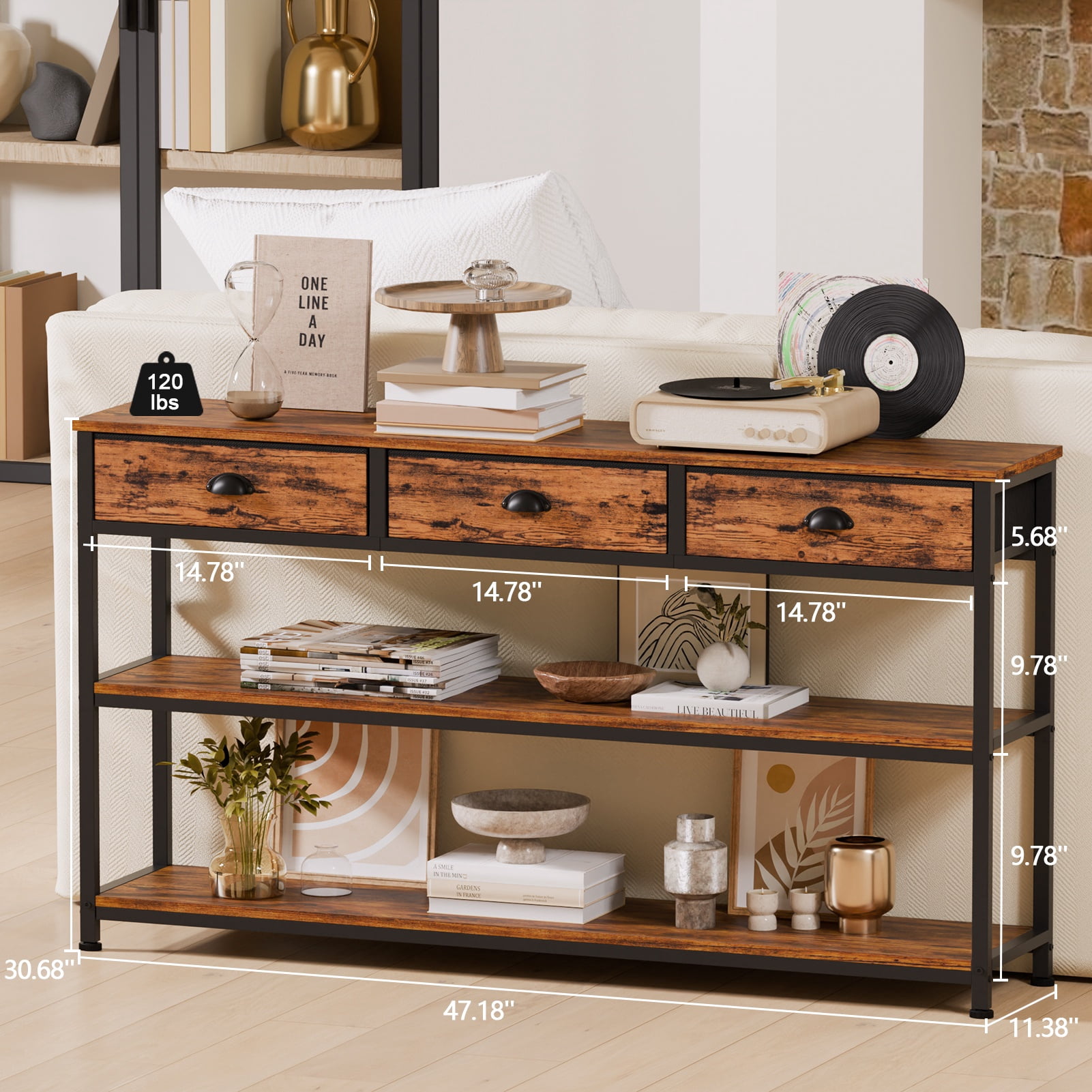 Satifur 47" Entryway Table with 3 Fabric Drawers, Console Table Metal Frame Sofa Table with 2 Shelves for Living Room and Hallway,Brown