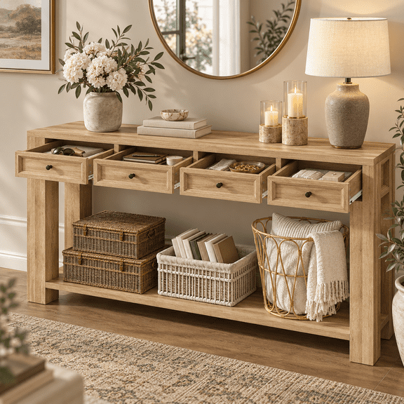 Console Table, Farmhouse Table for Behind Couch with Drawers, Narrow Wood Sofa Table with Open Shelf, Accent Entryway Table for Hallway, Living Room