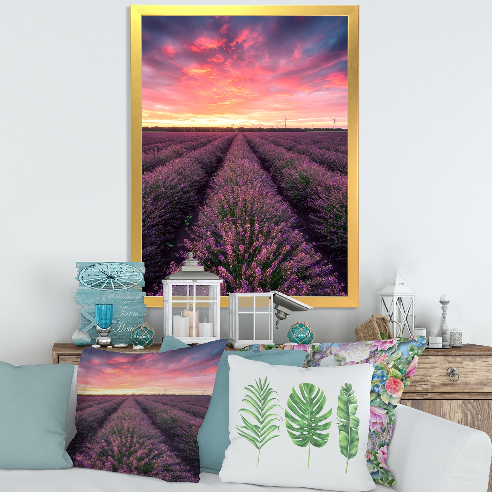 Designart 'Dramatic Clouds and Sunrise Over Lavender Field XIV' Farmhouse Framed Art Print