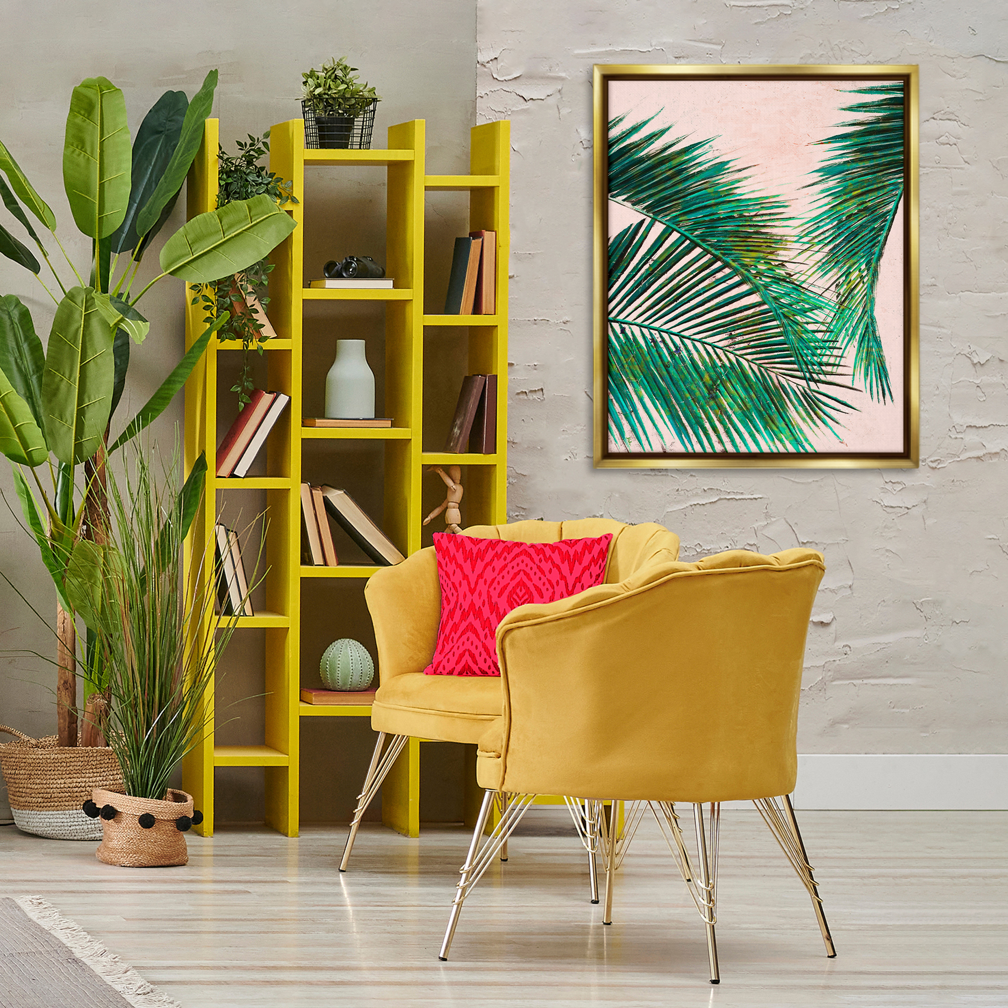 Stupell Industries Flowing Palms on Pink Botanical & Floral Painting Gold Floater Framed Canvas Art Print Wall Art, 25 x 31