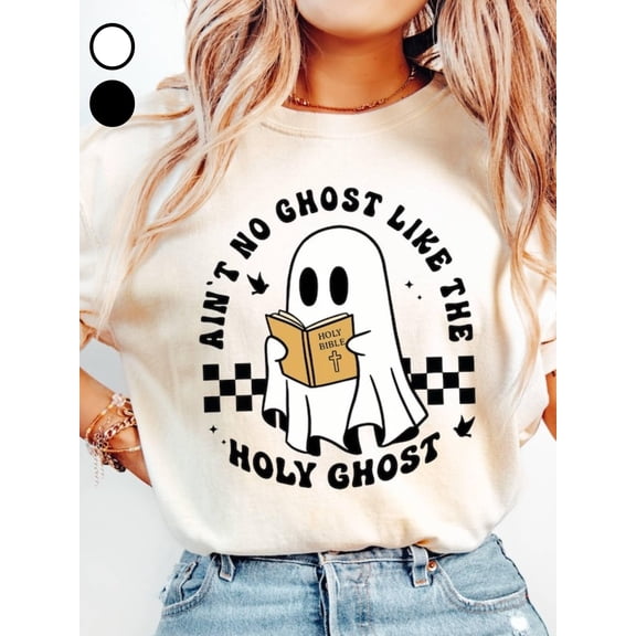 Ain't No Ghost Like The Holy Ghost T-Shirt Women's Christian Halloween Tee Checkered Graphic Top