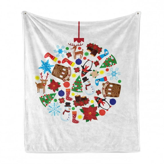 Christmas Soft Flannel Fleece Throw Blanket, Traditional Noel Theme with Pine Tree Snowman Penguin Socks and Reindeer, Cozy Plush for Indoor and Outdoor Use, 50" x 60", Multicolor, by Ambesonne
