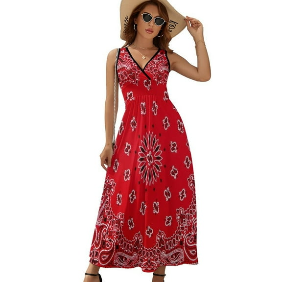 Bandana - Red Art Womens Night Club Maxi Dress V Neck Sleeveless Bohemia Long Dresses