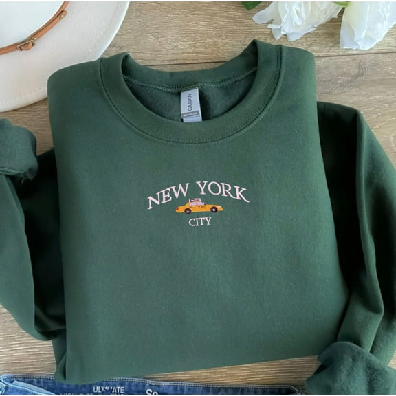 Embroidered NYC Sweatshirt: Yellow Taxi, Forest Green Crewneck