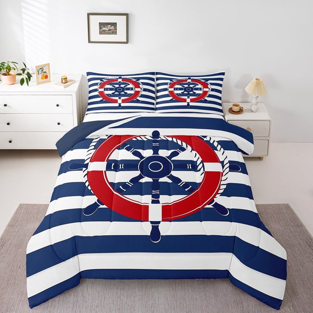 Erosebridal Nautical Rudder Comforter Sets Queen Size,Abstract Stripes Bedding Queen Comforter Set,Teens Room Decorative,Reversible,Breathable,3-Piece