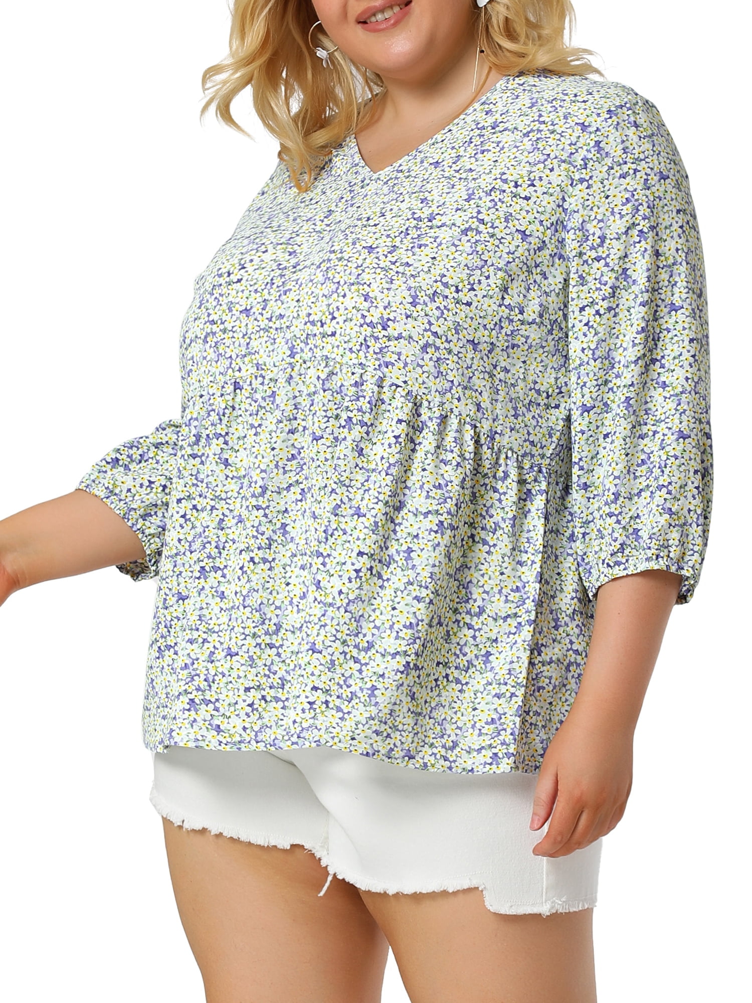 Unique Bargains Juniors' Plus Size Tops Floral Ruffle Flowy Peplum Top Lavender 4X