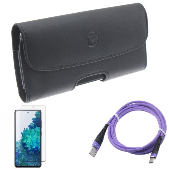 6ft USB Cable & Screen Protector & Case Belt Clip for Samsung Galaxy S20 Fan Edition - Purple Type-C   Anti-Glare Tempered Glass   Leather Holster Combo