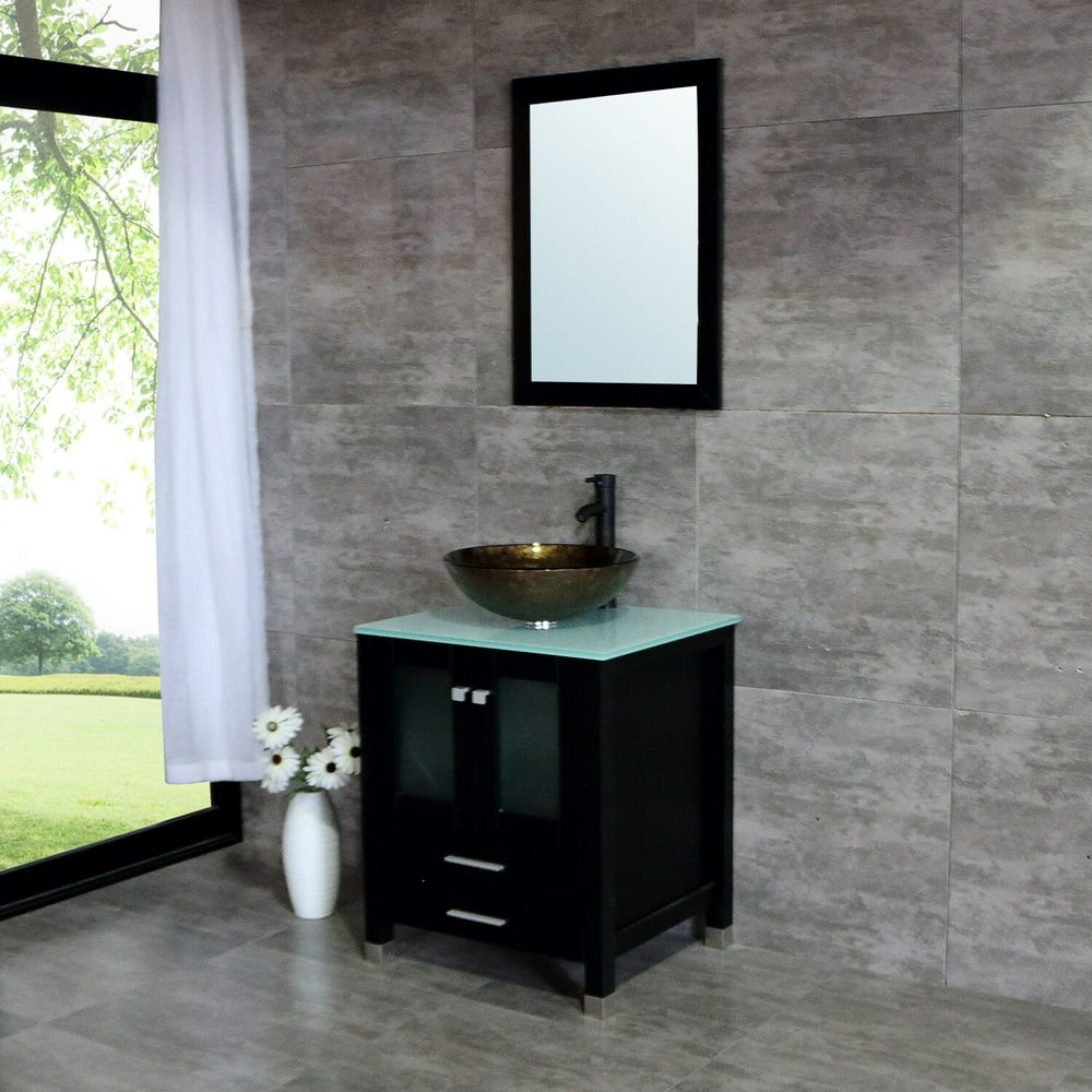 24" Black Bathroom Vanity W with Mirror & Glass