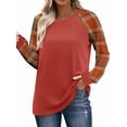 thumbnail image 2 of Camisas de Larga para Mujer, Blusas Raglán con Bloques de Color, Camisetas Básicas Informales de Cuello Redondo, Ropa de Otoño. Rojo Enrejado L, 2 of 8