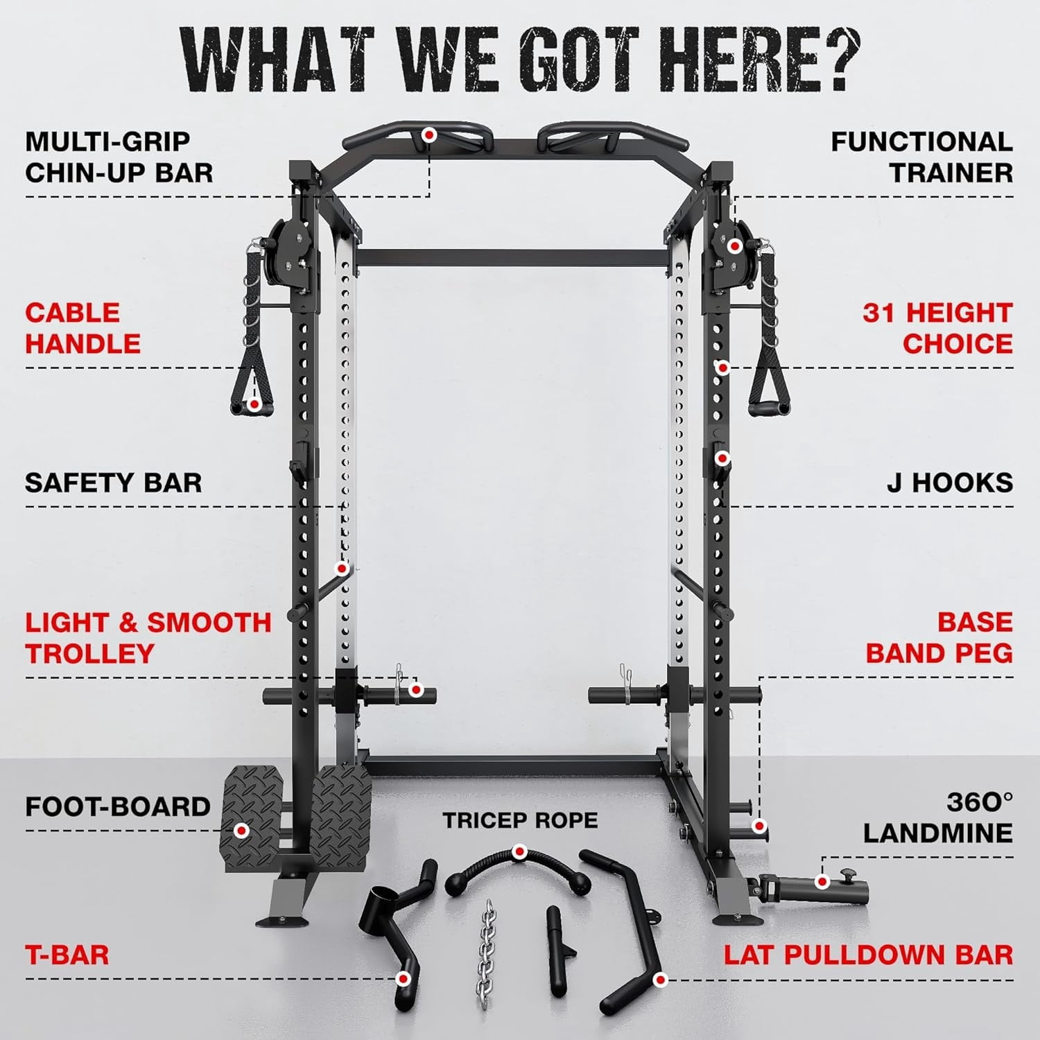 Power Cage, 2000LBS Squat Rack with with Cable Crossover and Dual Independent Pulley System, Full Cage for Full Body Training, Power Rack with More Training Attachments for Home Gym