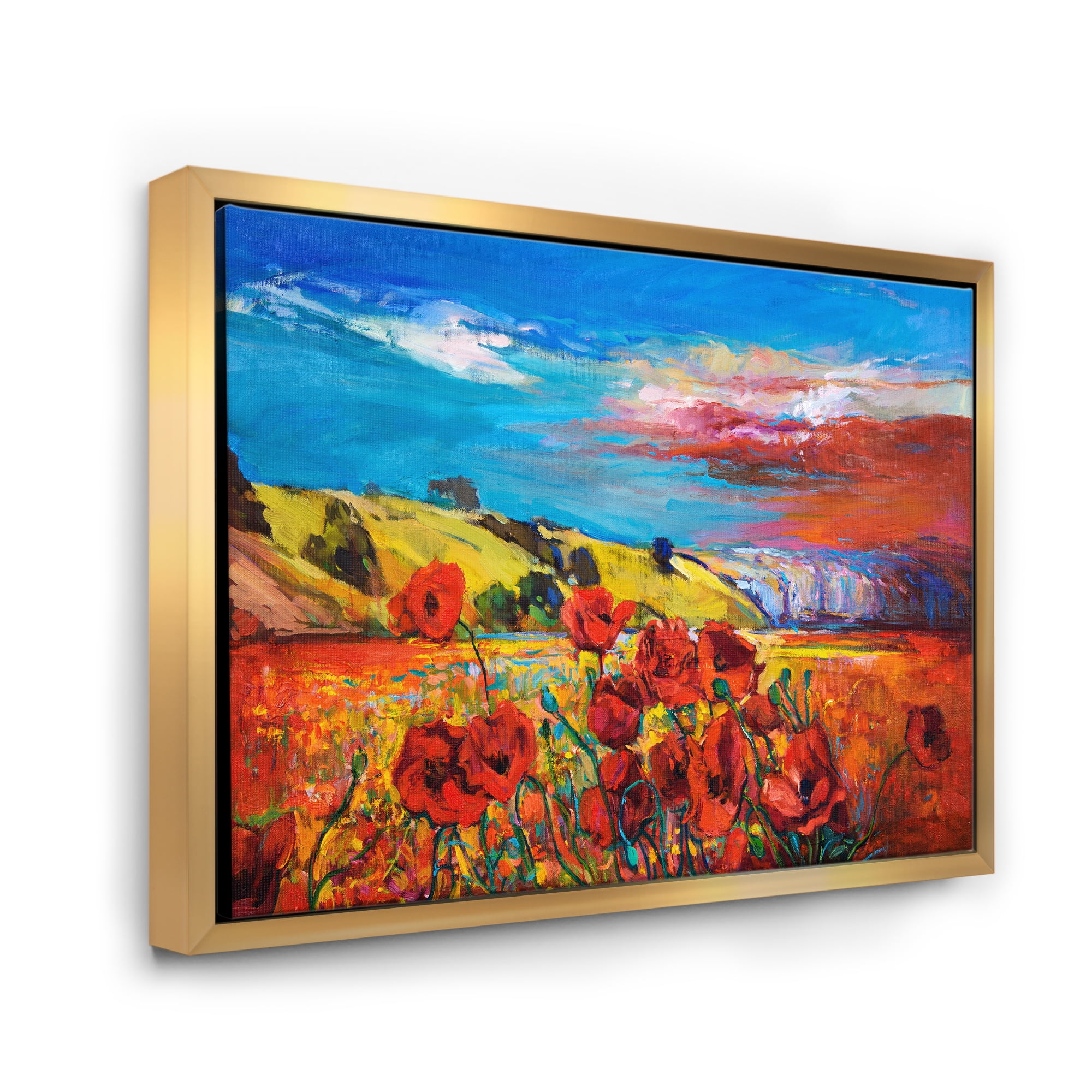 Designart 'Blossomg Red Poppies Under A Blue Sky' Traditional Framed Canvas Wall Art Print