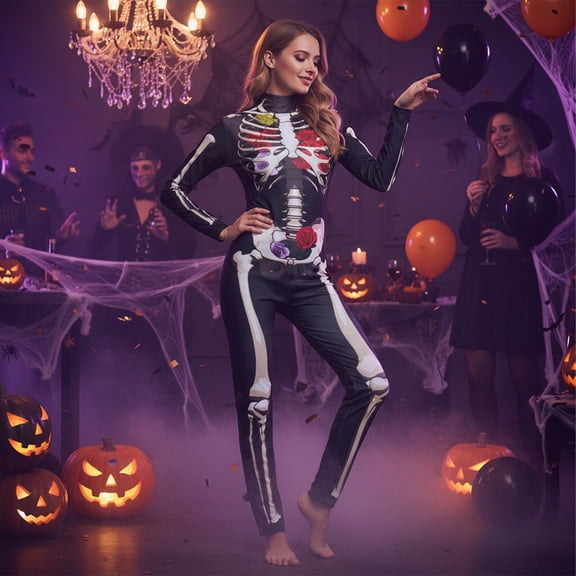 FASHOFT Adult Skeleton Rose Halloween Costumes Floral Bone Pattern Jumpsuit Cosplay Outfit Masquerade Party Dress Up Halloween Costume 110