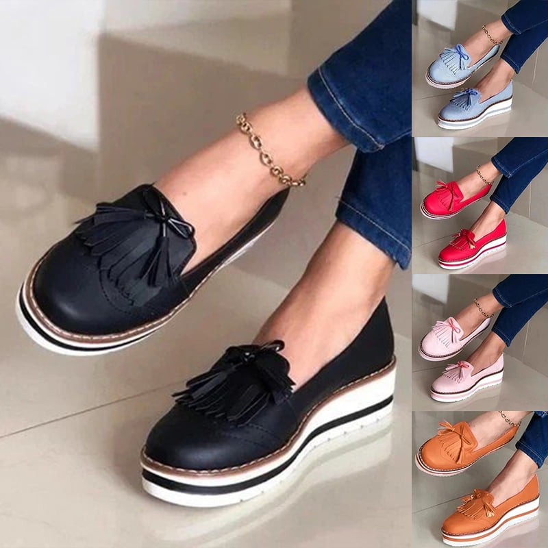 Women Platform Mid Wedge Casual Shoes Faux Leather Padded Insoles Loafers Comfy 