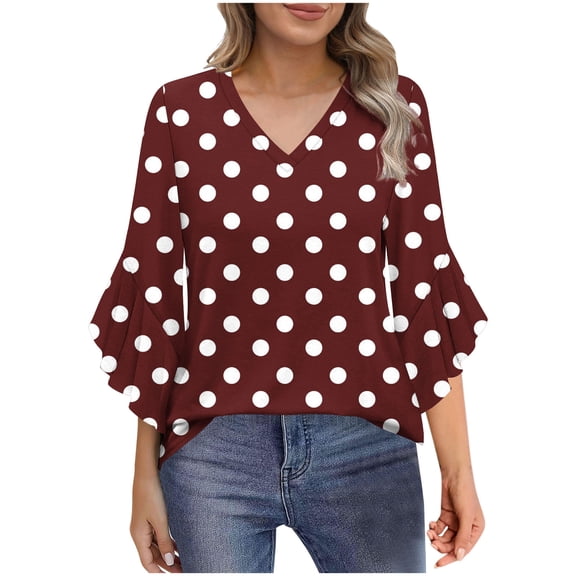 CHGBMOK Women Polka Dots V Neck T Shirt Puff Sleeve 3/4 Sleeve Blouse Casual Loose Tunic Pullover Shirts