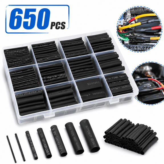 Ustris  650 Pcs Heat Shrink Tubing Black Heat Shrink Tube Wire Shrink Wrap UL Approved Ratio 2:1 Electrical Cable Wire Kit Set Long Lasting Insulation Protection, Safe and Easy, Eco-Friendly Material