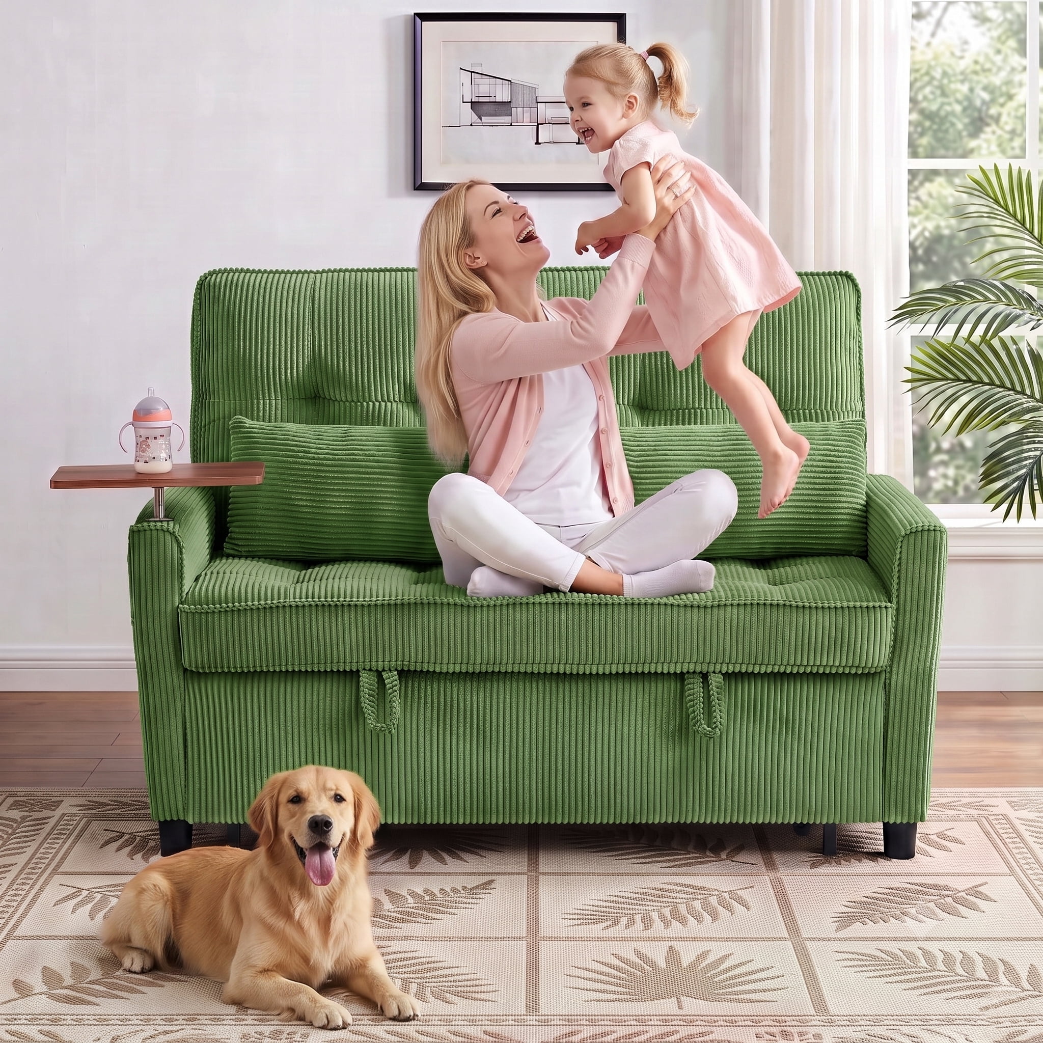 avobird 54'' 3 in 1 Pull Out Sofa Bed, Convertible Couch with Adjustable Backrest/Side Pockets/USB Charging Ports, Sleeper Sofa with small table for Living Room, Green