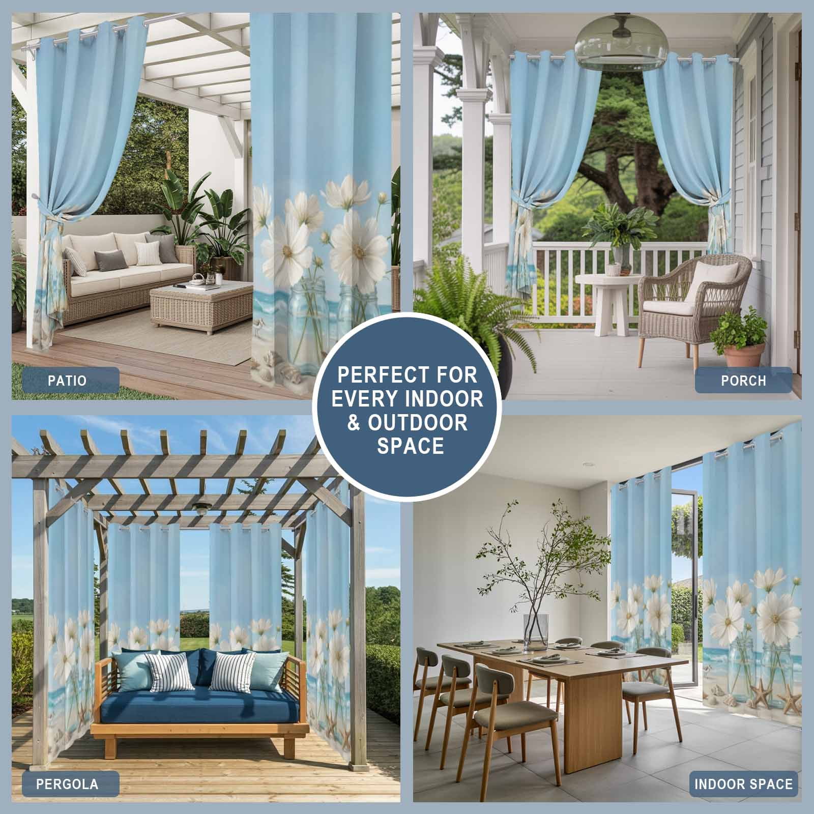Coastal Scenery Outdoor Curtains for Patio, Summer Flowers Jars Starfish Beach Sunshade Privacy Drapes Grommet Waterproof Outside Curtains for Porch/Cabana/Balcony 54"x 108", 1 Panel