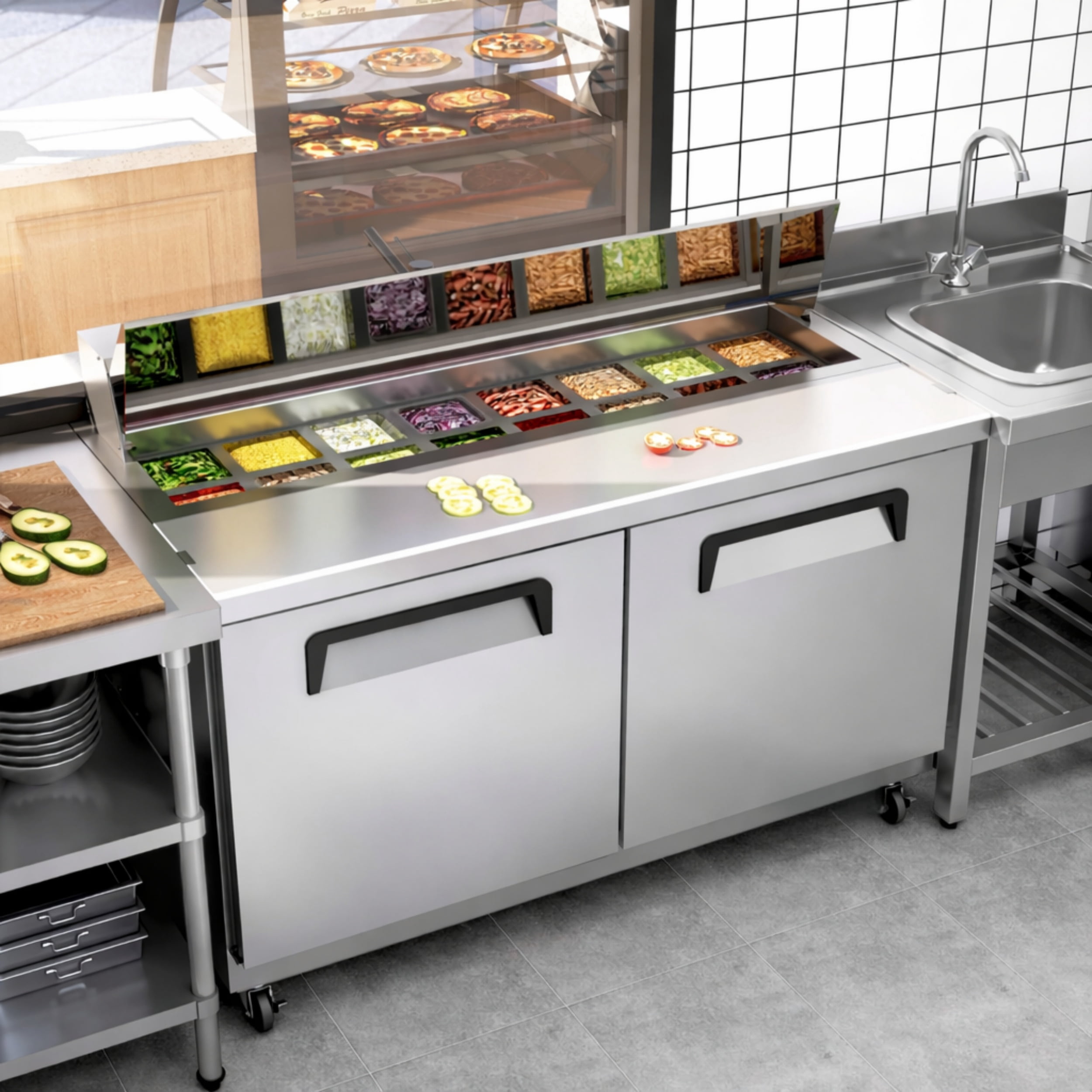 60 in Commercial Sandwich Prep Table Refrigerator, Dual Lid Top, 16 x 1/6 Pan Capacity, Stainless Steel, NSF Certified, 2 Door