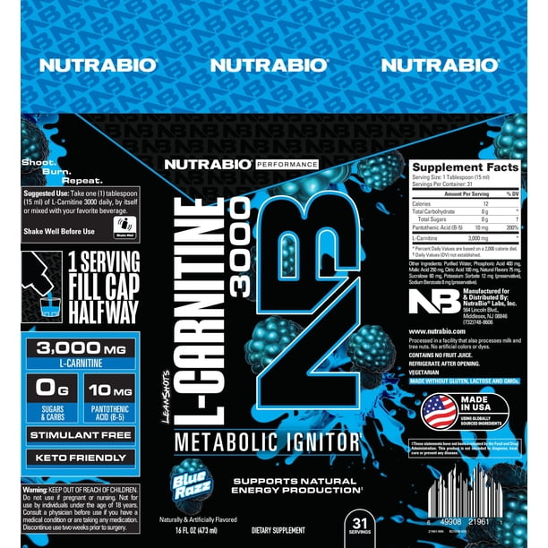 l-carnitina y vitamina b3 L-Carnitina NutraBio líquida 3000 mg Blue Razz con vitamina B-5