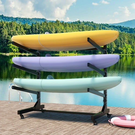XUTUMM 3-Kayak Freestanding Storage Rack - Heavy-Duty Adjustable Stand with Lockable Wheels for Canoe, SUP, Surfboard, 45.87"W