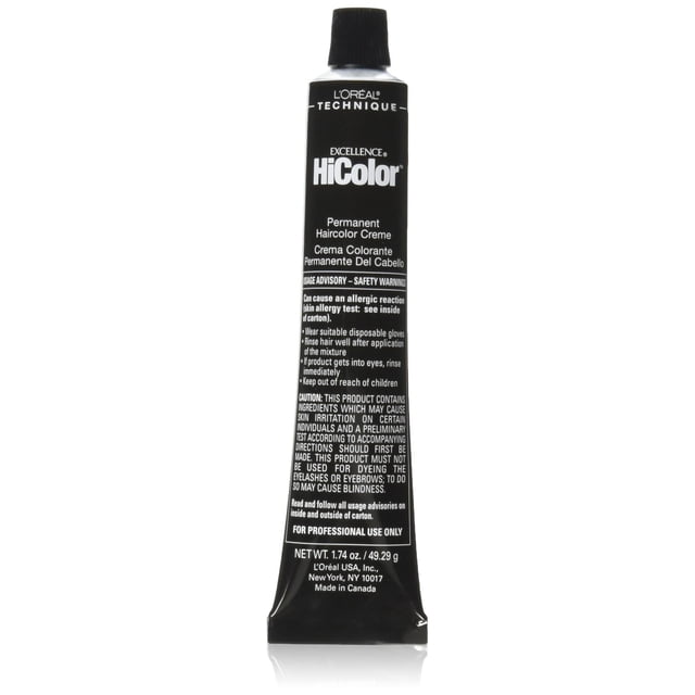 l'oreal paris excellence hicolor tinte permanente negro ónix — Tubo frontal de crema colorante permanente HiColor de L'Oréal Technique, 49.29 g (1.74 oz), envase negro con tapa negra y texto blanco, sobre fondo blanco; indicado para tinte para cabello permanente en tonos negros y uso profesional.