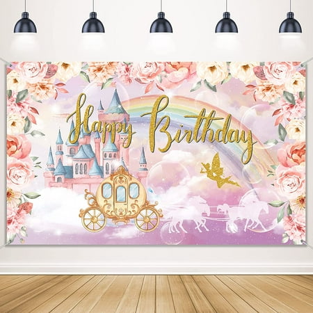 Image of Birthday Party Decorations Supplies Princess Theme Backdrop Background Banner for Girl Birthday Party Favor Gold and Pink Royal Castle Carriage Crown Floral Photography Booth Cake Table D