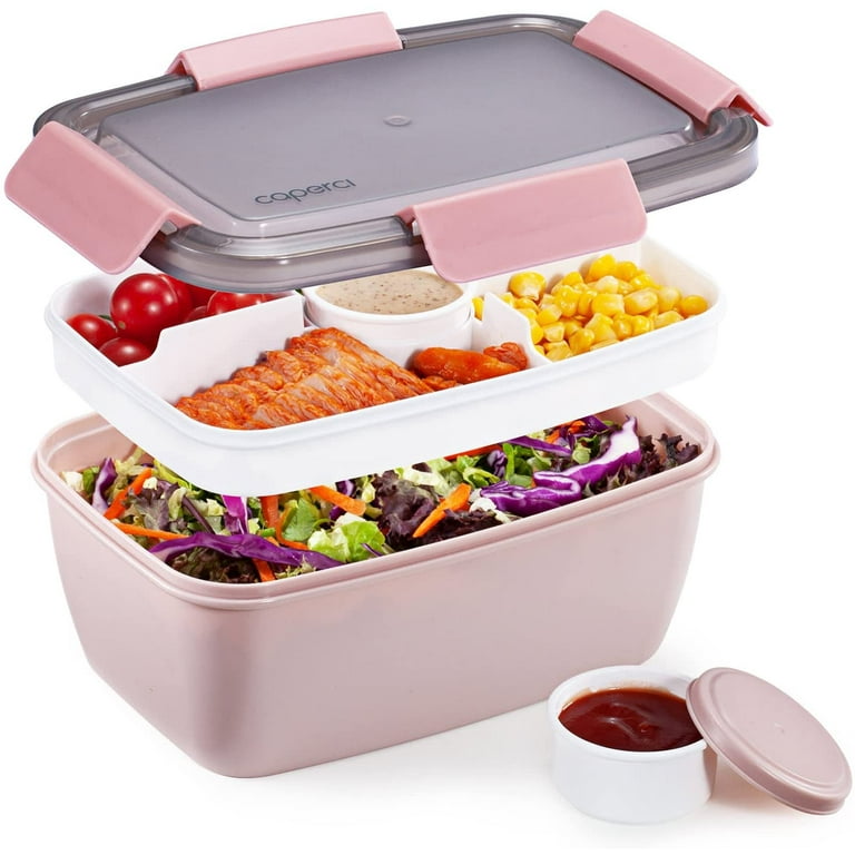 Caperci Large Salad Container with 68-oz Salad Bowl, Leakproof Adult Bento Lunch  Box, 5-Compartment Tray, 2pcs 3-oz Sauce Container, BPA-Free (Pink) 