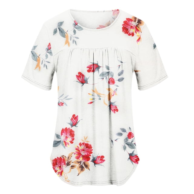 Camisas Para Mujer Tops Blusas Cuello Redondo Manga Corta Estampado Ocultar Vientre Túnica Elegante Casual Blusa Fluida Odeerbi ODB141071