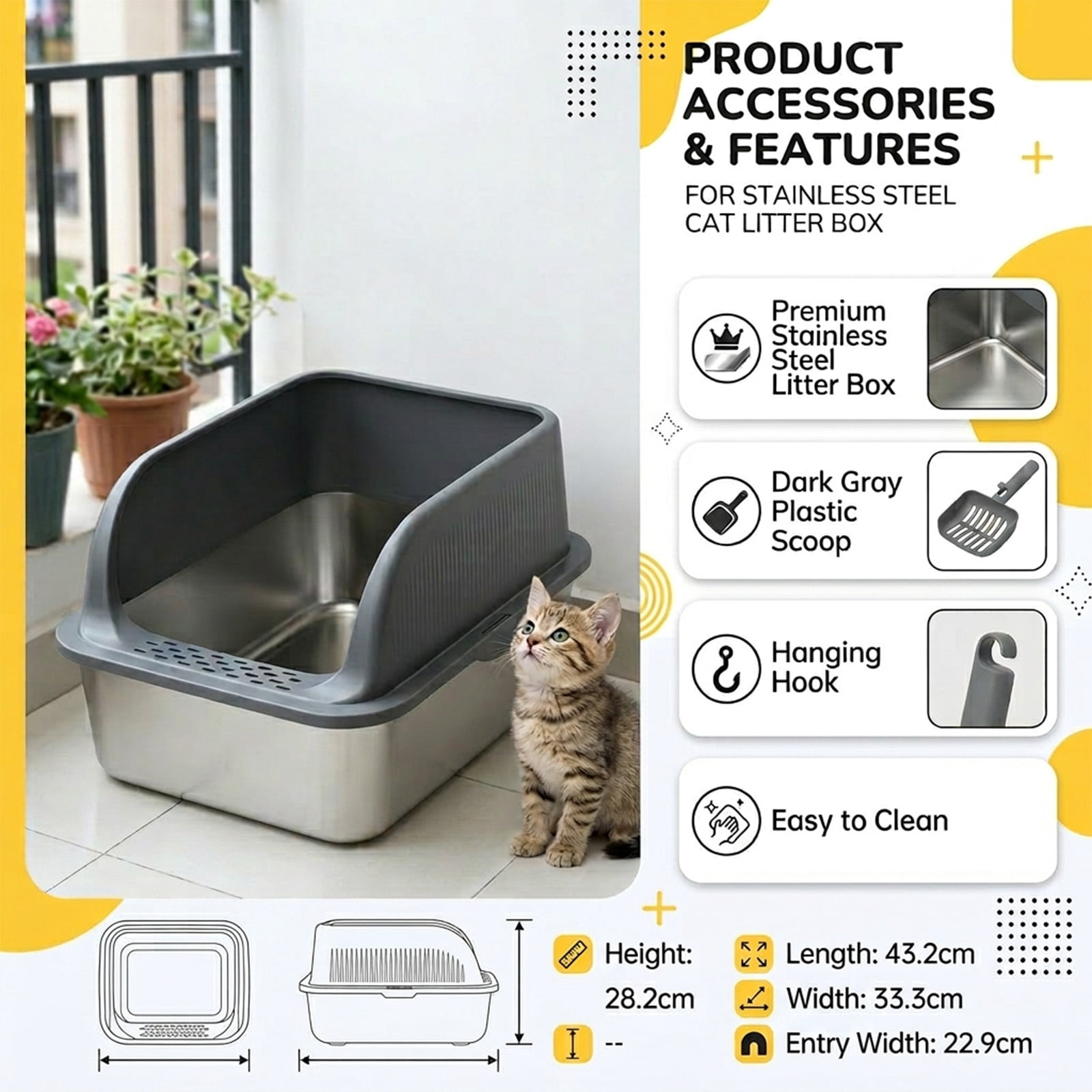 Grey Stainless Steel Cat Litter Box with High Rim Lid, Leak-Proof Indoor Cat Toilet for Small to Medium Cats, Durable Spacious Design with Litter Scoop, Non-Stick Easy Clean Odor & Scratch Resistant