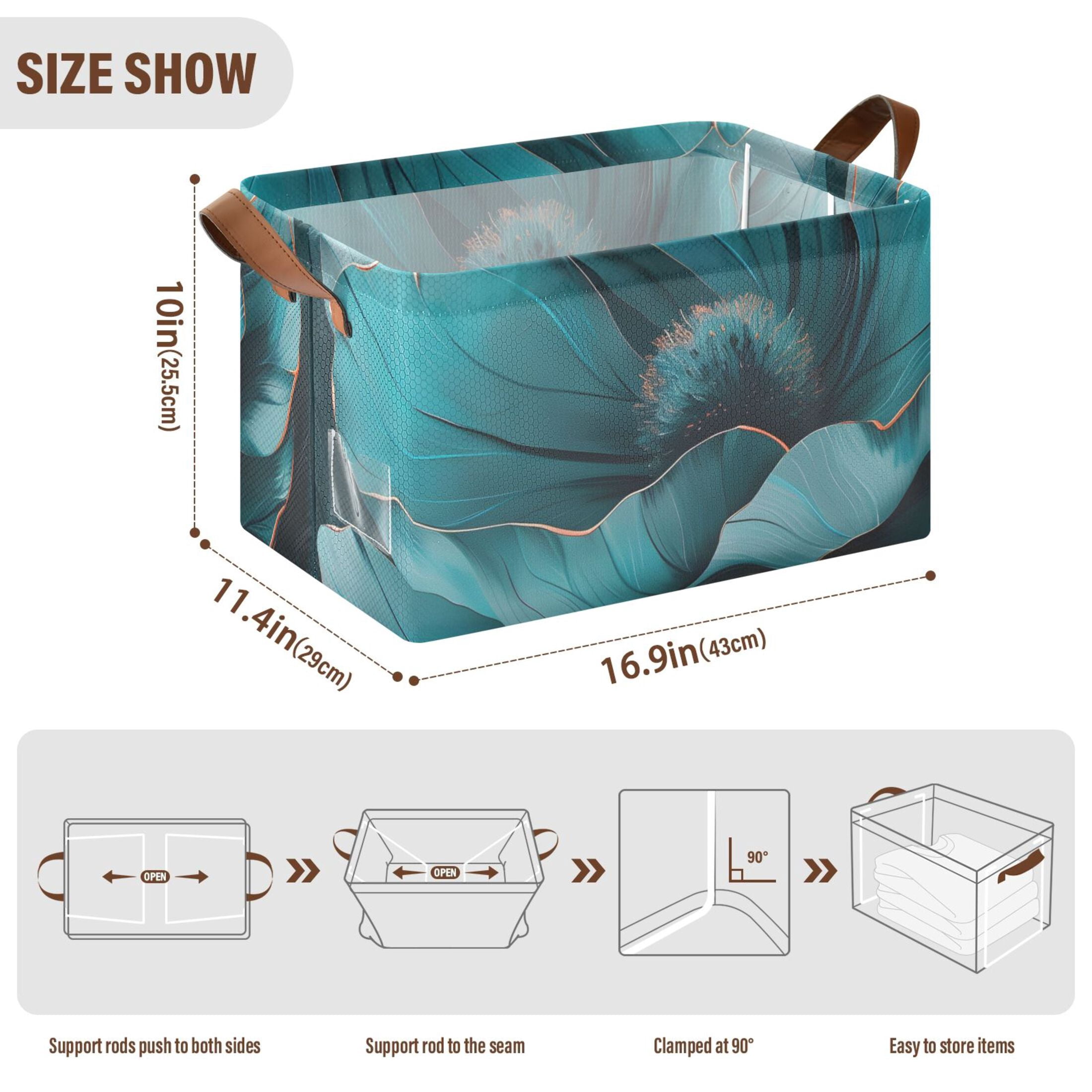 Ryvnso Teal Flower Storage Bins Large Basket Foldable Cube Toys Organizer with Handles 2 PCs