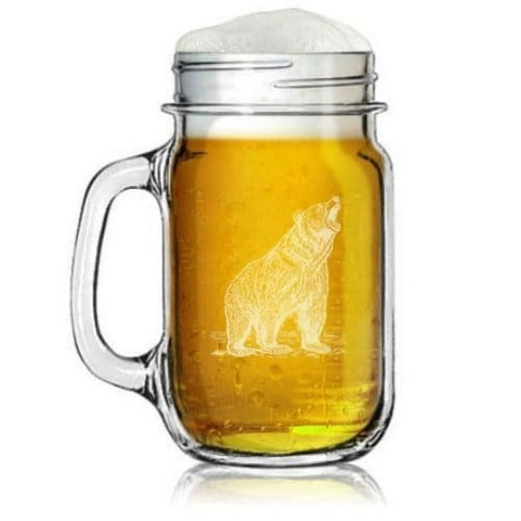 16oz Mason Jar Glass Mug w/Handle Gift Bear Growling