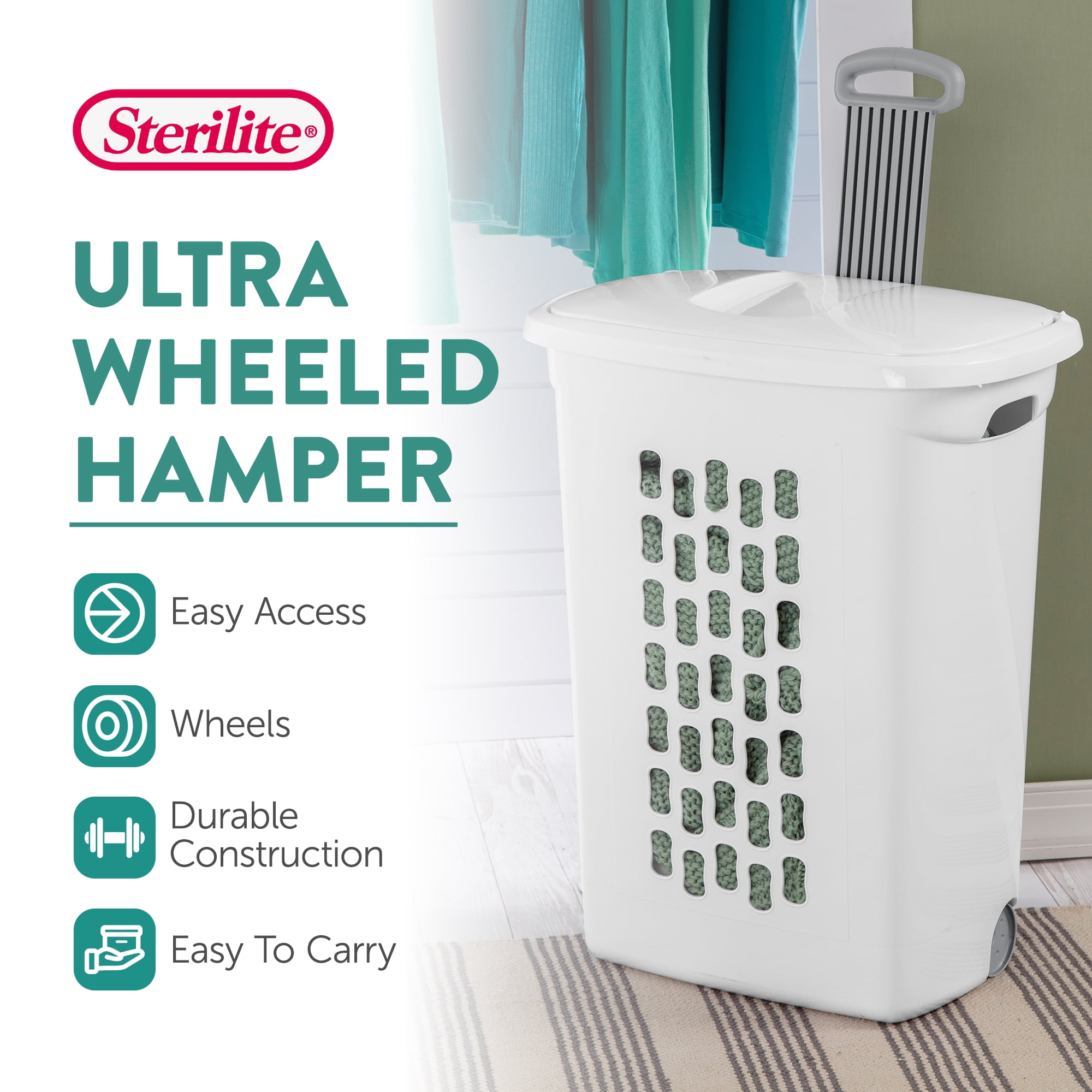 Sterilite White Laundry Hamper w/ Lift-Top, Wheels, & Pull Handle, 18 Pack