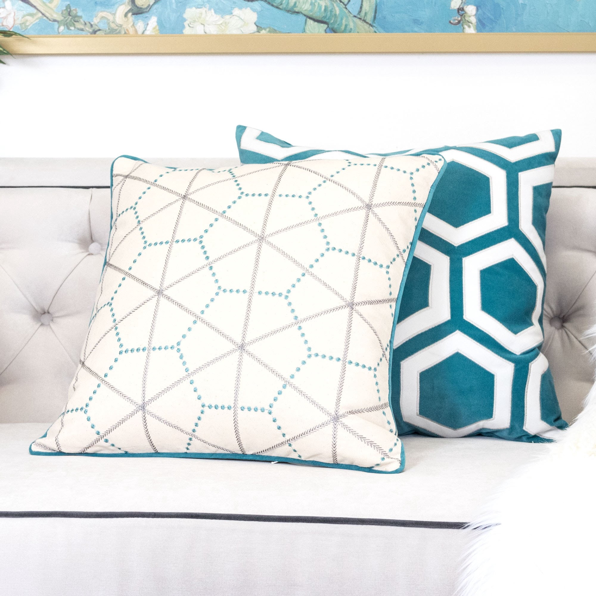 Helen Turquoise Geometric Polyester 20 in. x 20 in. Throw Pillow