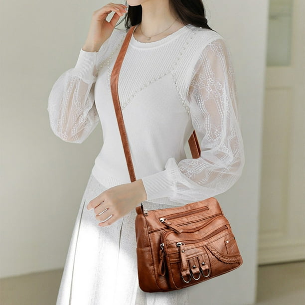 Bolso de Hombro para Mujer de Piel Sintética Suave y Lavada - Multicremallera, Espacioso, de Gran Capacidad, para Uso Diario, Viajes, Trabajo y Compras (Negro, Marrón, Rojo)