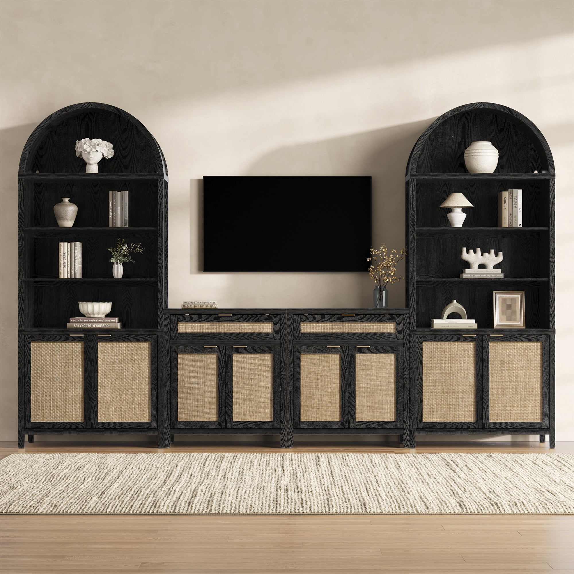 SICOTAS 84.2"H Tall Rattan Arched Pantry Cabinet with Adjustable Shelves, Oversized Boho Farmhouse Floor Storage Organizer for Kitchen, Dining Room & Home Decor,Black Oak