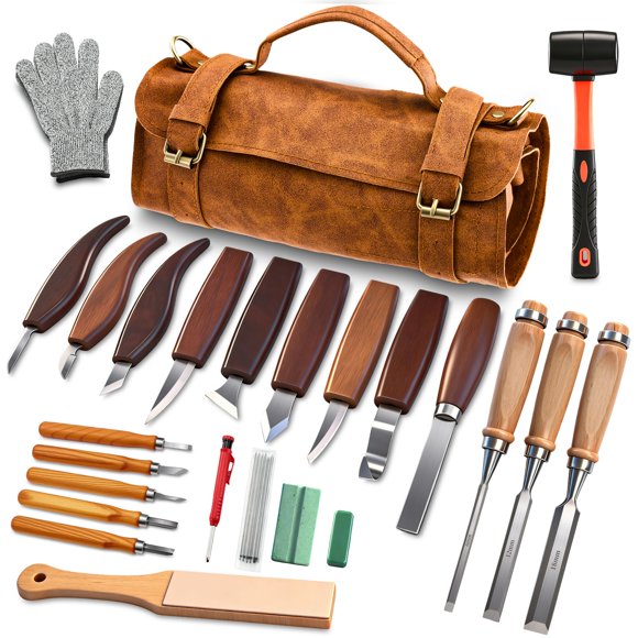 Kit de talla de madera SAKERNEO de 25 piezas con bolsa de cuero
