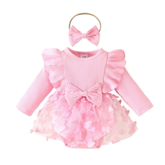 Valentine's Day Outfit Baby Girl Girls Long Sleeve Ribbed Bowknot Romper Bodysuits Dress Romper Jumpsuit Bodysuit Toddler Clothes 9-12 Months
