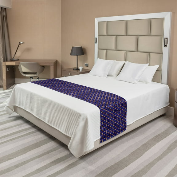 Geometric Bed Runner, Retro Style 80's Continuous Rhombus Inspired Layout Diamond Shapes, Decorative Accent Bedding Scarf for Hotels Homes and Guestrooms, Queen, Indigo and Multicolor, by Ambesonne