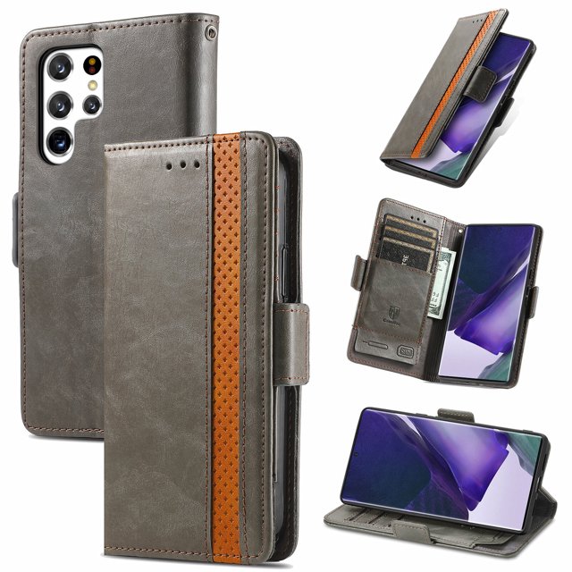 Case for Samsung Galaxy S22 Ultra 5G Cover Leather Wallet Folio Case Book Design Flip Magnetic Closure - Grey