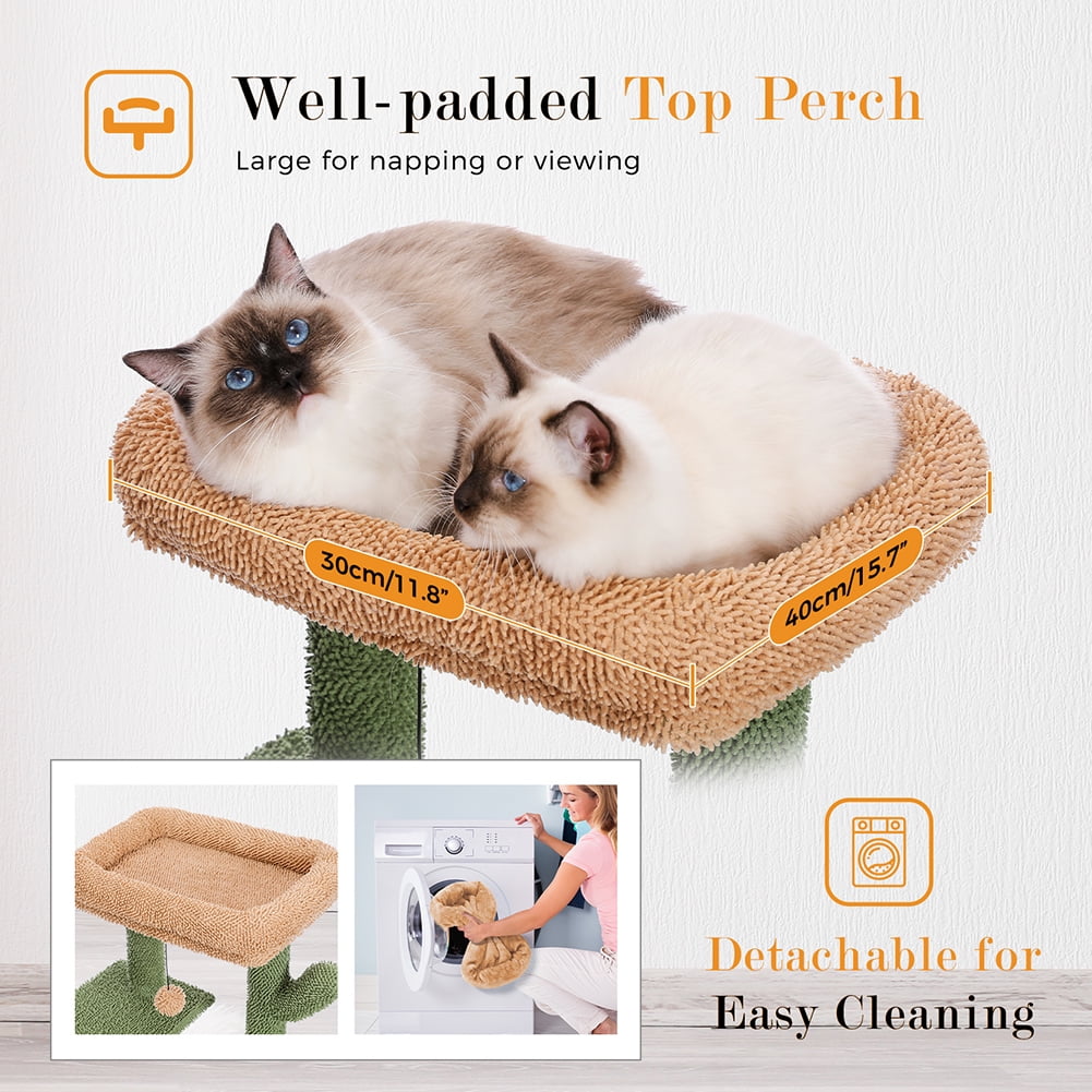 Kadyn Cactus Cat Tree, Cat Tower with Plush Perch &Soft Hammock, Cat Climbing Stand for Indoor Cats, Green+Brown