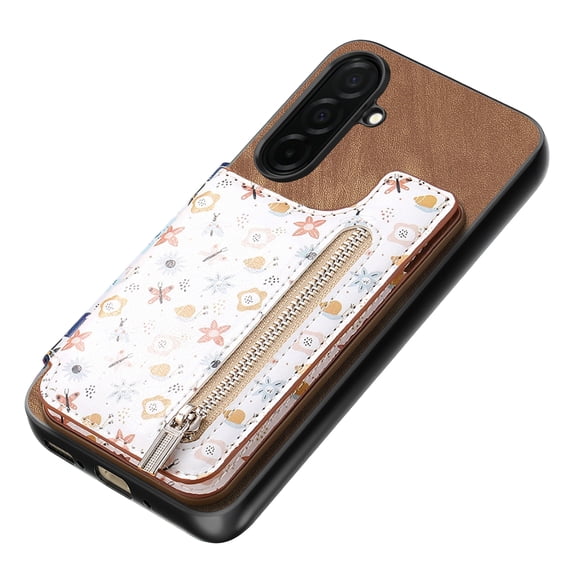 For Samsung Galaxy S26 Plus Wallet Case, RFID Protected Zipper Purse Phone Cover with Kickstand, Shockproof Floral PU Leather for Women, Brown