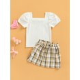 thumbnail image 4 of Baby Girls Short Skirt Suit Short Sleeves Square Neck Solid Color Tops Check Pattern Skirt, 4 of 8