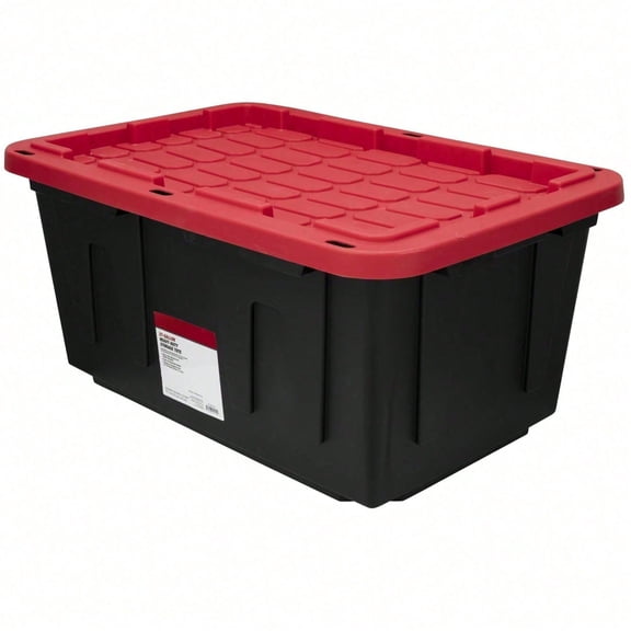 27 Gallon Large Storage Bin With Snap Lid, Black And Red, Heavy Duty Plastic Storage Container
